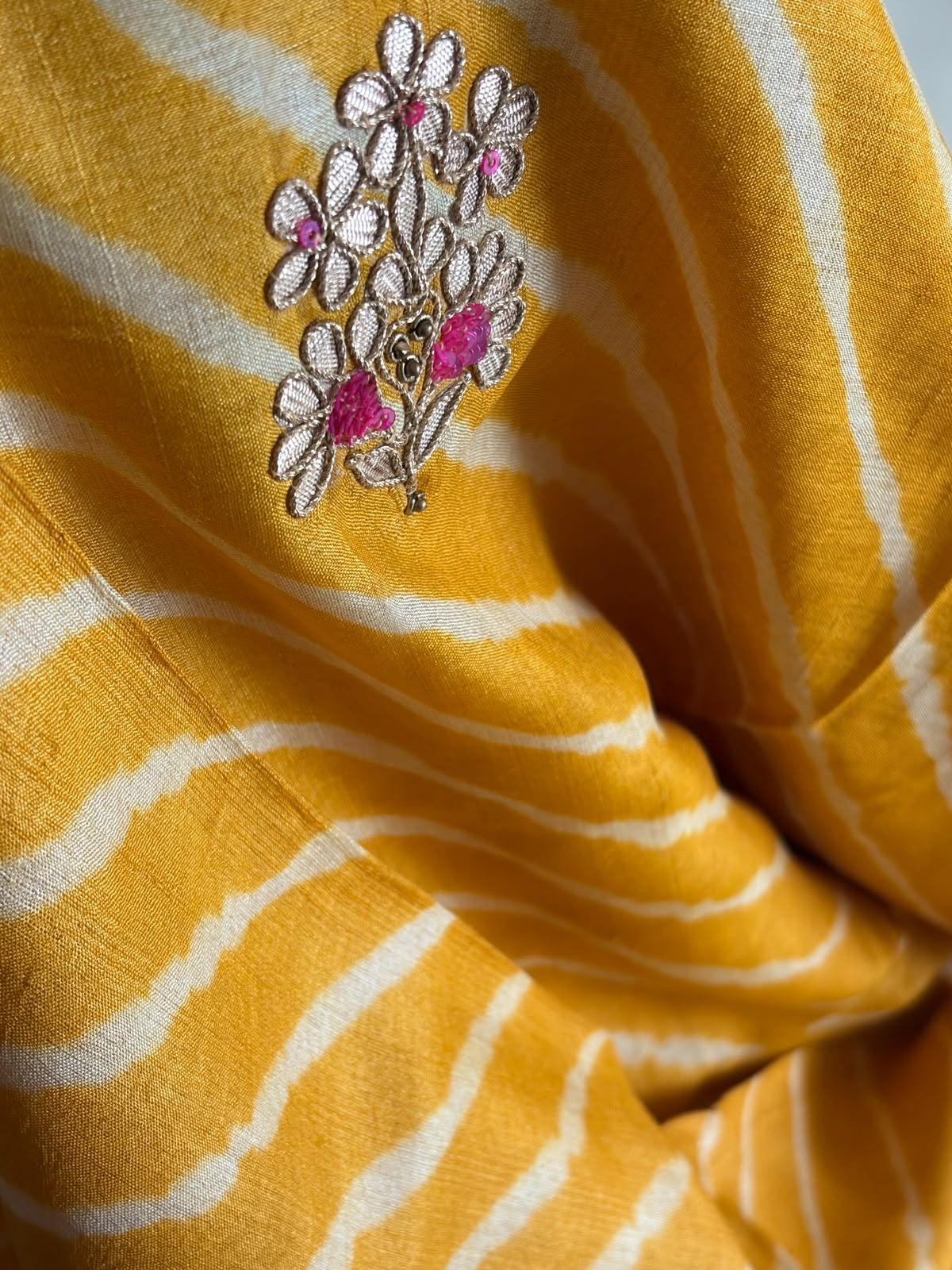 Pure Tussar Silk Handwoven Leheriya Dupatta with Gotta Patti Work  Yellow