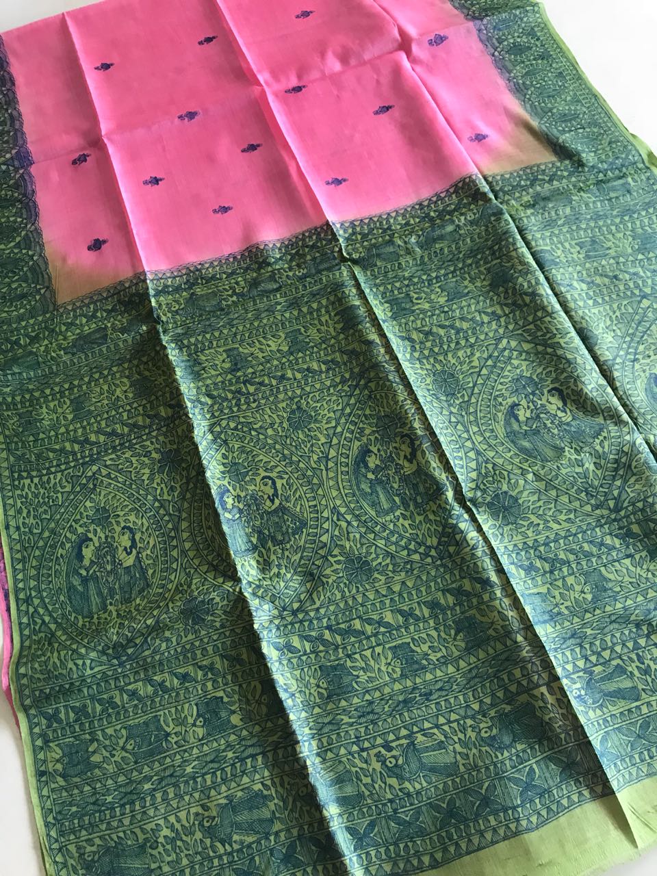 Pure Tussar Silk Handwoven saree with Madhubani Handpainting - Pink Green