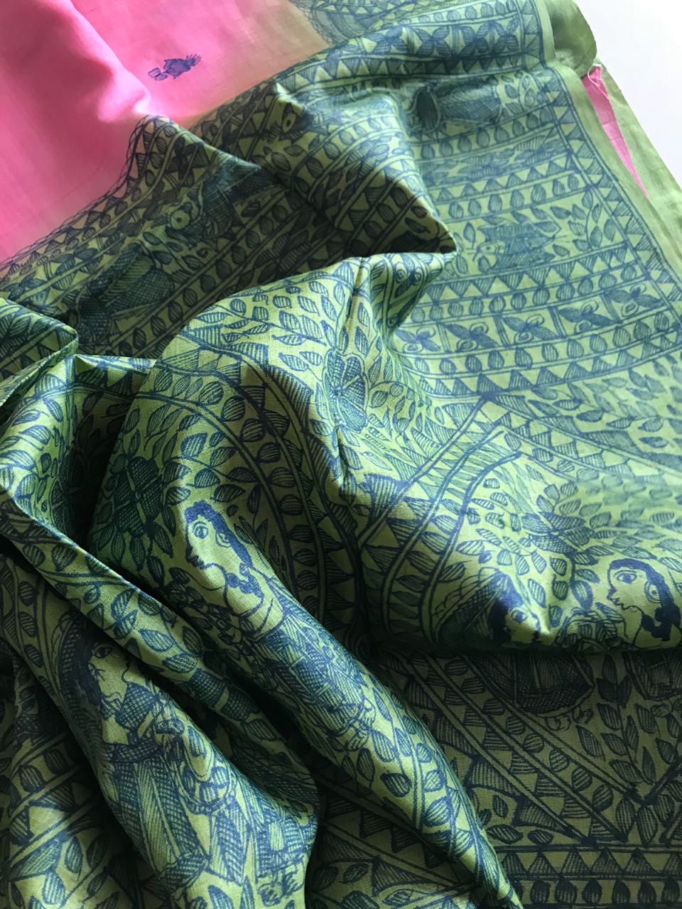 Pure Tussar Silk Handwoven saree with Madhubani Handpainting - Pink Green