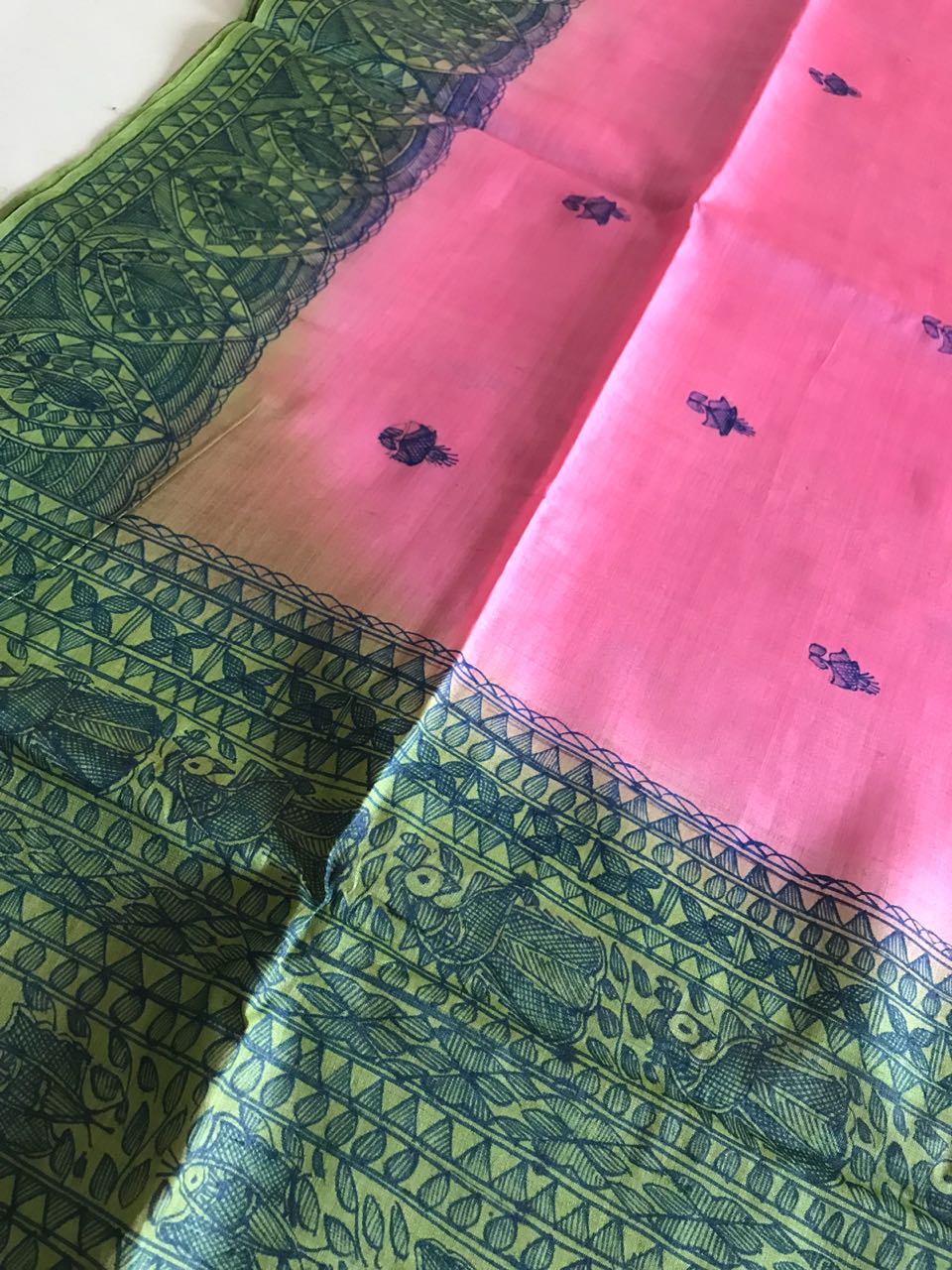Pure Tussar Silk Handwoven saree with Madhubani Handpainting - Pink Green