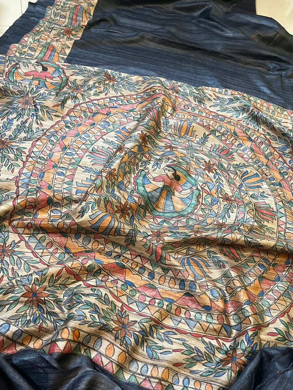 Pure Tussar Silk Handwoven saree with Madhubani Handpainting- Black