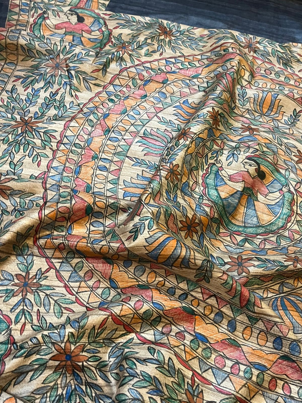 Pure Tussar Silk Handwoven saree with Madhubani Handpainting- Black