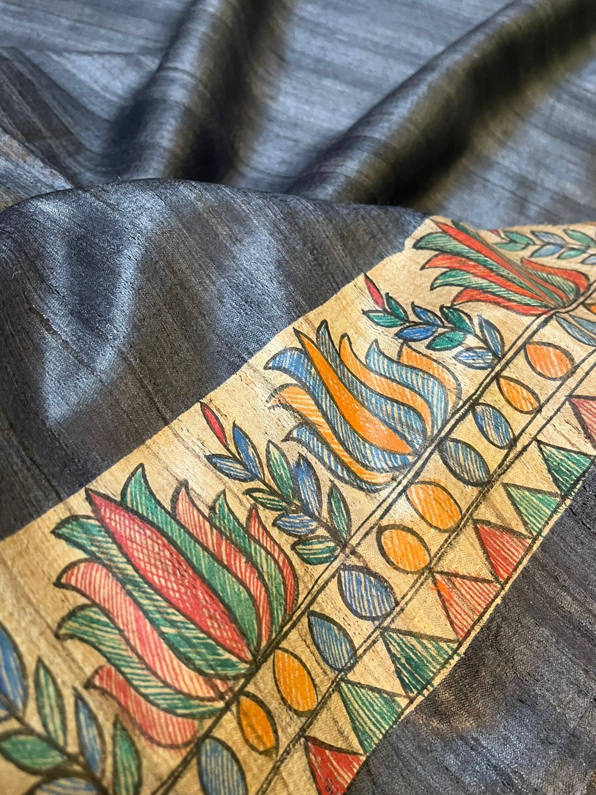 Pure Tussar Silk Handwoven saree with Madhubani Handpainting- Black