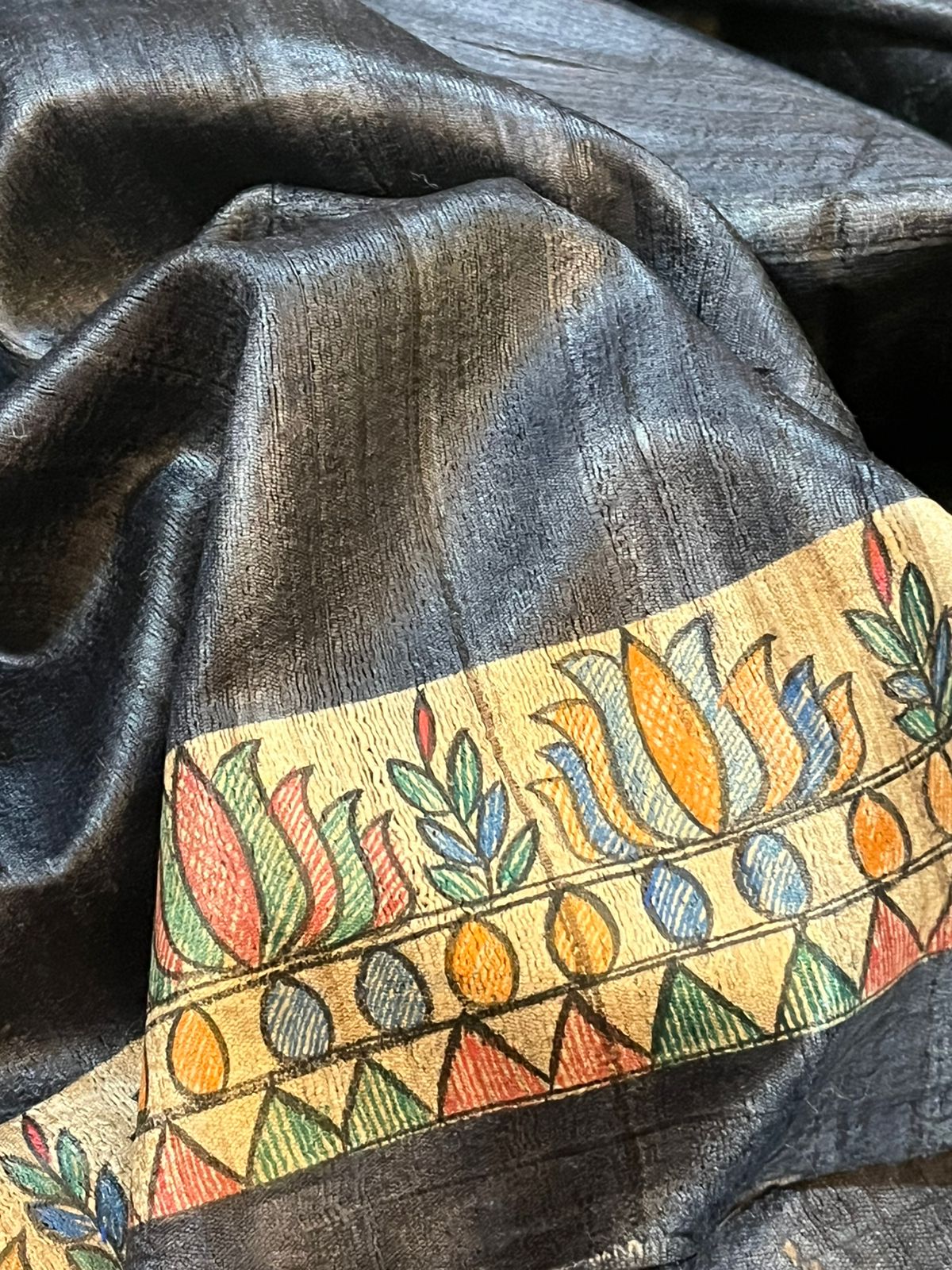 Pure Tussar Silk Handwoven saree with Madhubani Handpainting- Black