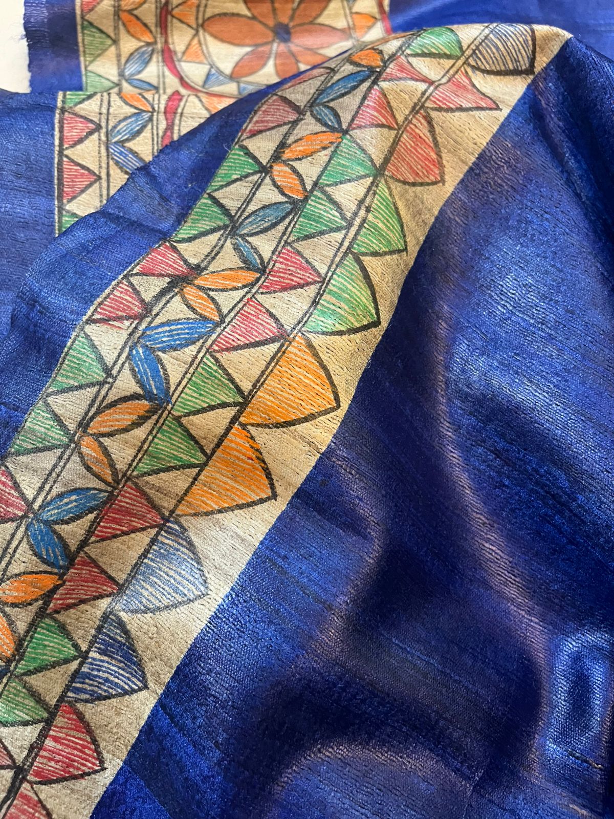 Pure Tussar Silk Handwoven saree with Madhubani Handpainting- Blue