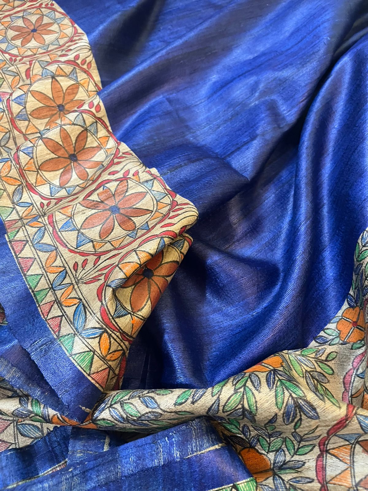 Pure Tussar Silk Handwoven saree with Madhubani Handpainting- Blue