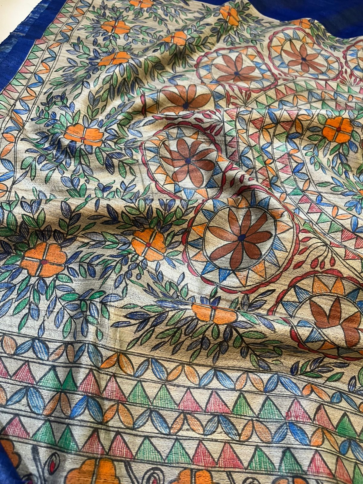 Pure Tussar Silk Handwoven saree with Madhubani Handpainting- Blue