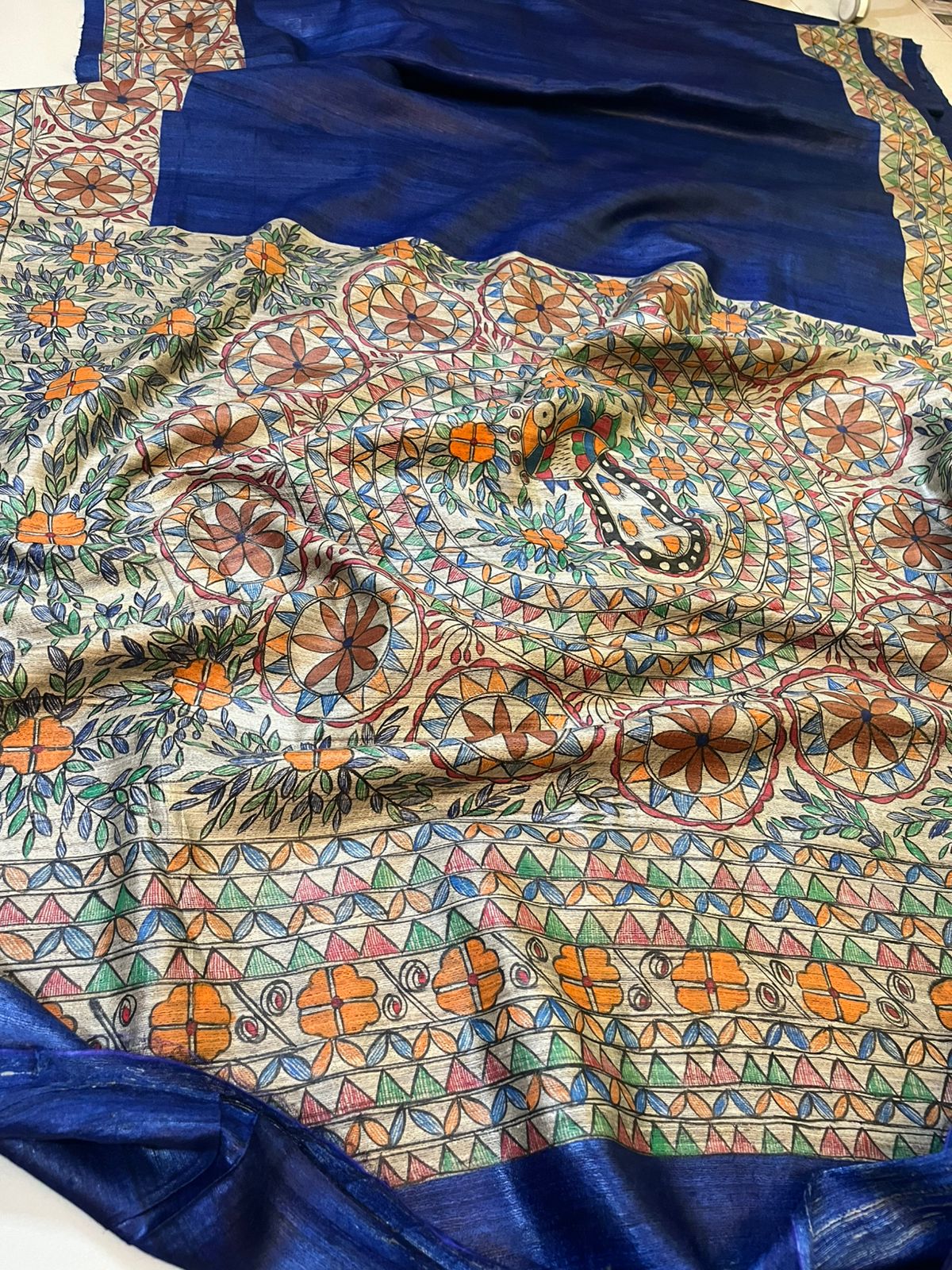 Pure Tussar Silk Handwoven saree with Madhubani Handpainting- Blue