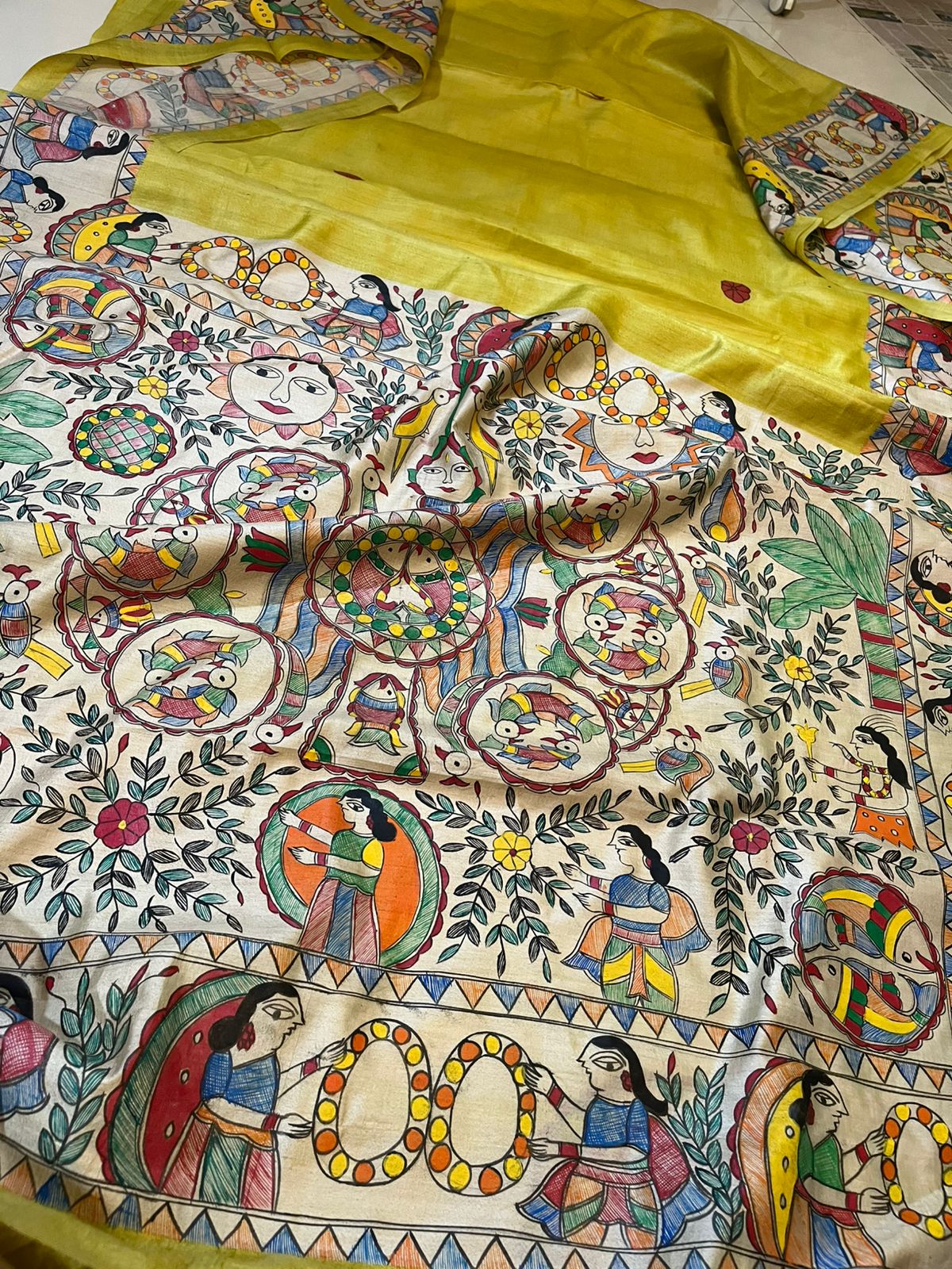 Pure Tussar Silk Handwoven Saree with Madhubani Handpainting- Yellow
