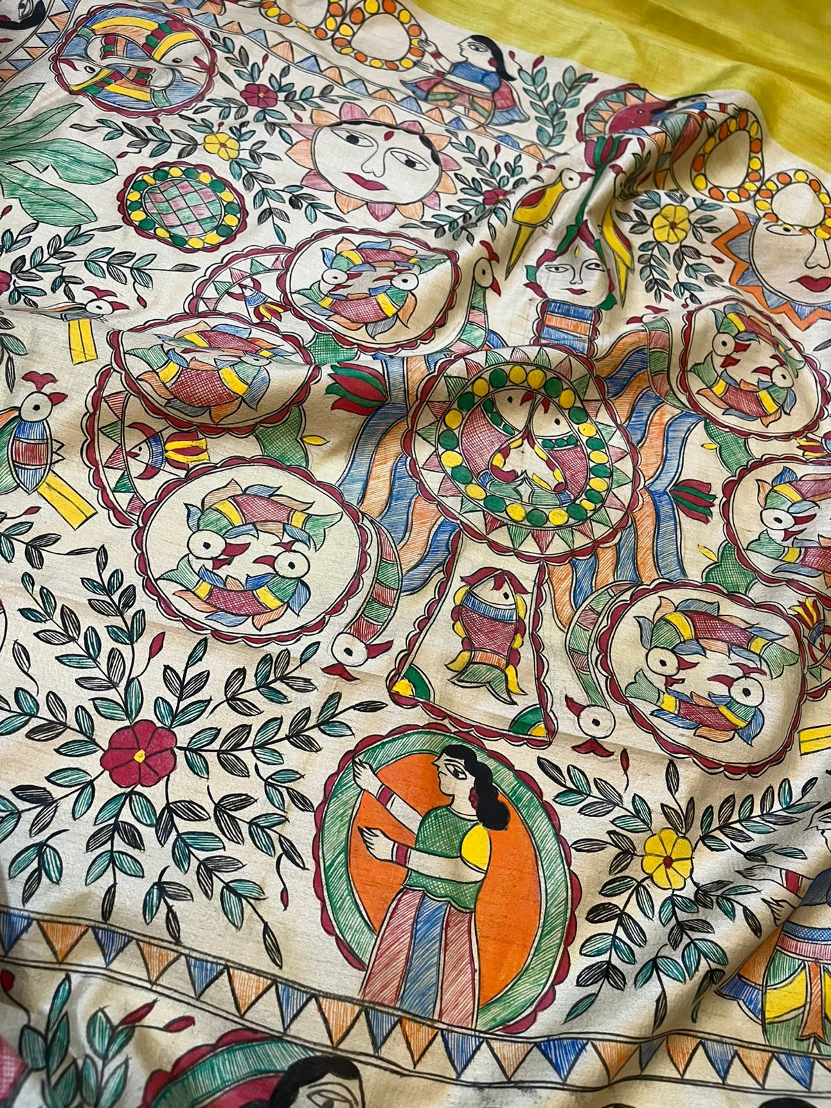 Pure Tussar Silk Handwoven Saree with Madhubani Handpainting- Yellow