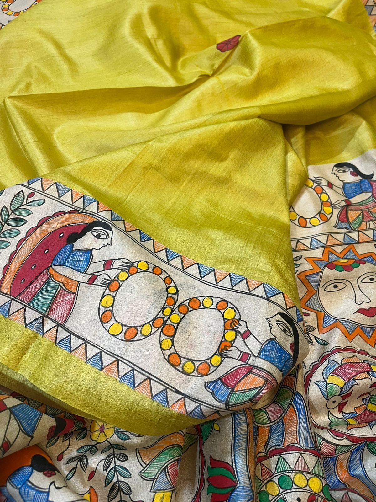 Pure Tussar Silk Handwoven Saree with Madhubani Handpainting- Yellow