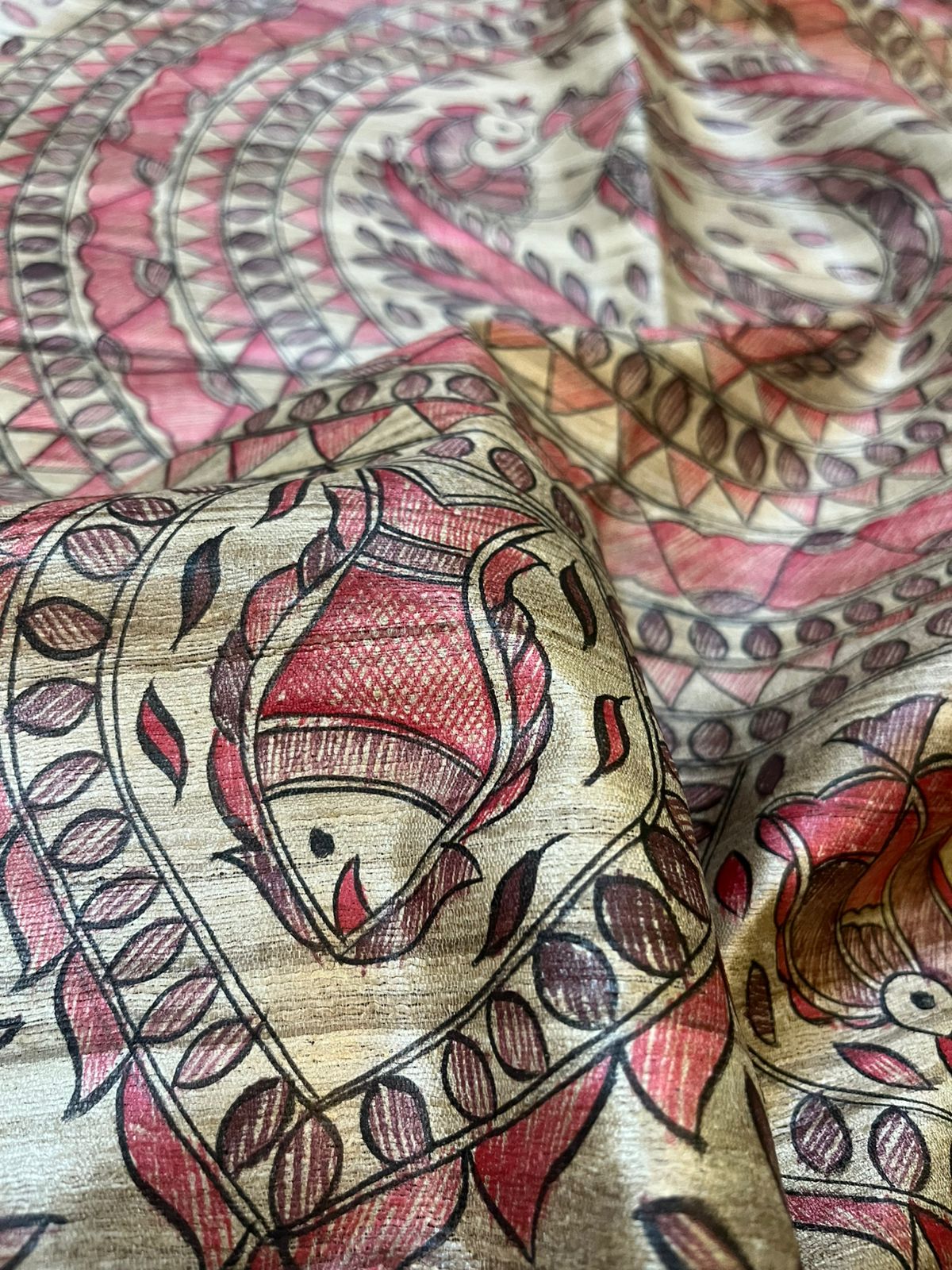 Pure Tussar Silk Handwoven saree with Madhubani Handpainting - Beige with Red