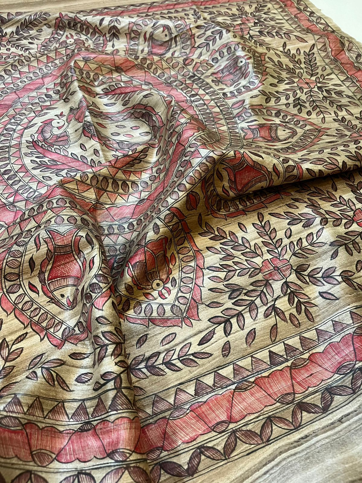 Pure Tussar Silk Handwoven saree with Madhubani Handpainting - Beige with Red