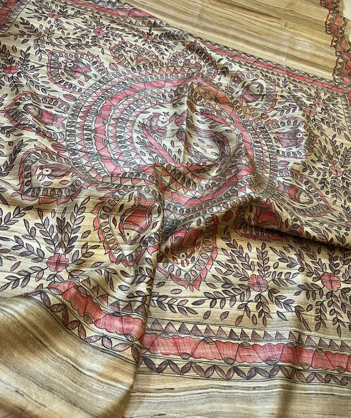 Pure Tussar Silk Handwoven saree with Madhubani Handpainting - Beige with Red