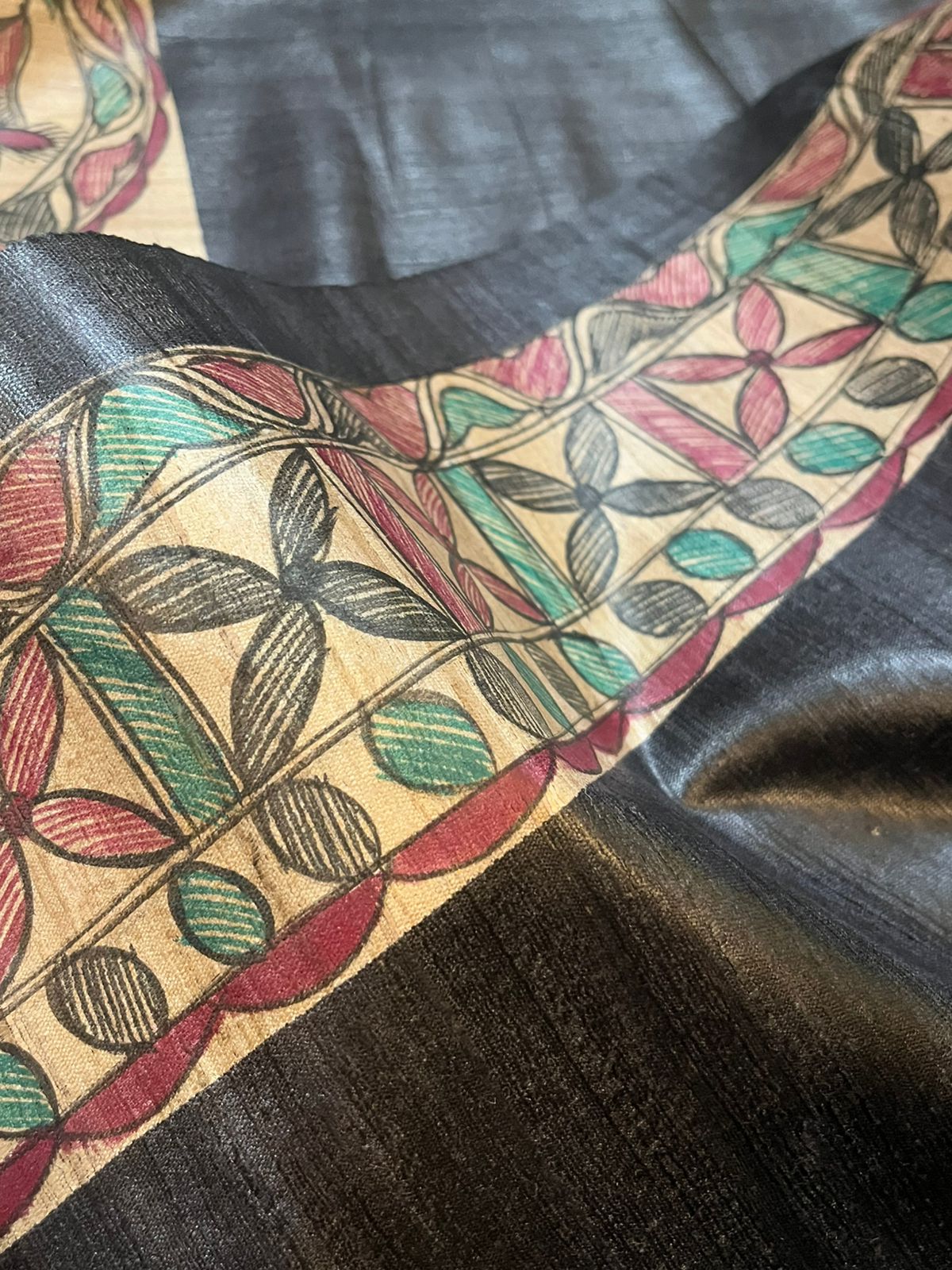 Pure Tussar Silk Handwoven Saree with Madhubani Handpainting- Black