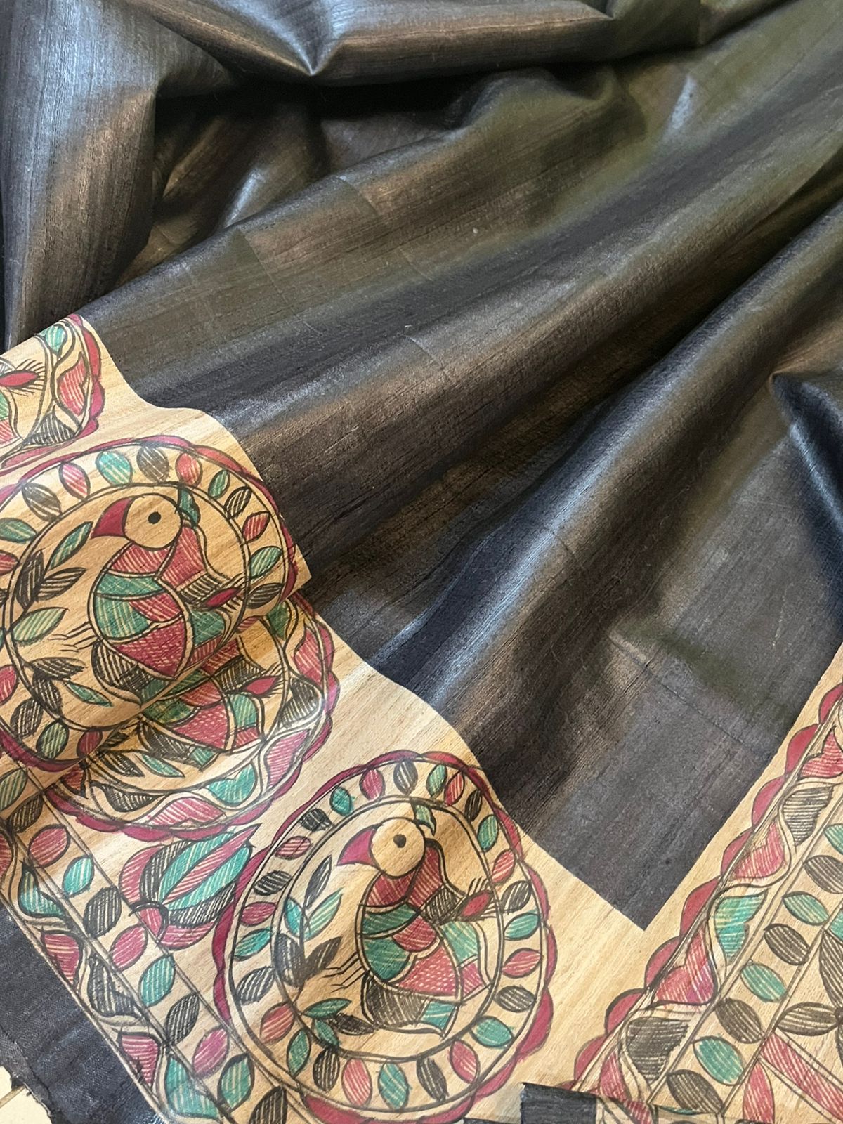 Pure Tussar Silk Handwoven Saree with Madhubani Handpainting- Black