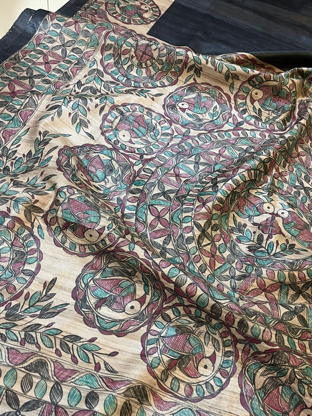 Pure Tussar Silk Handwoven Saree with Madhubani Handpainting- Black