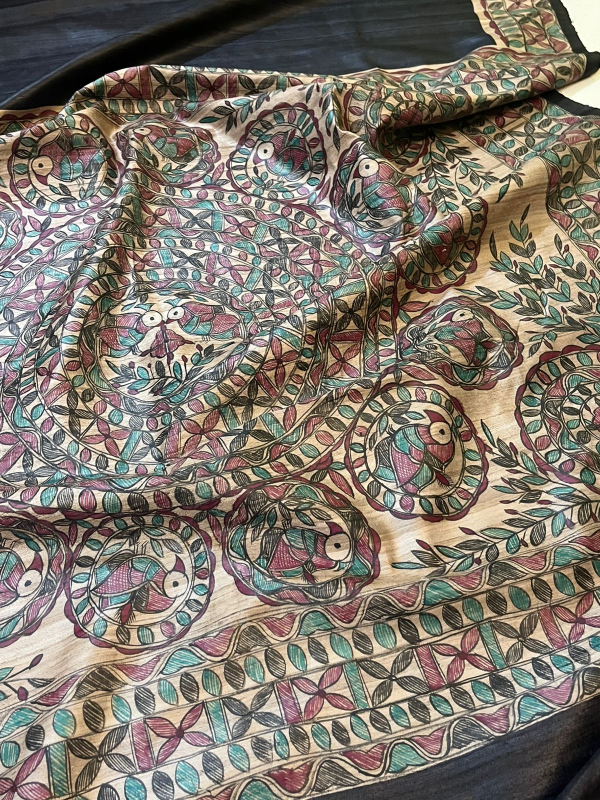 Pure Tussar Silk Handwoven Saree with Madhubani Handpainting- Black