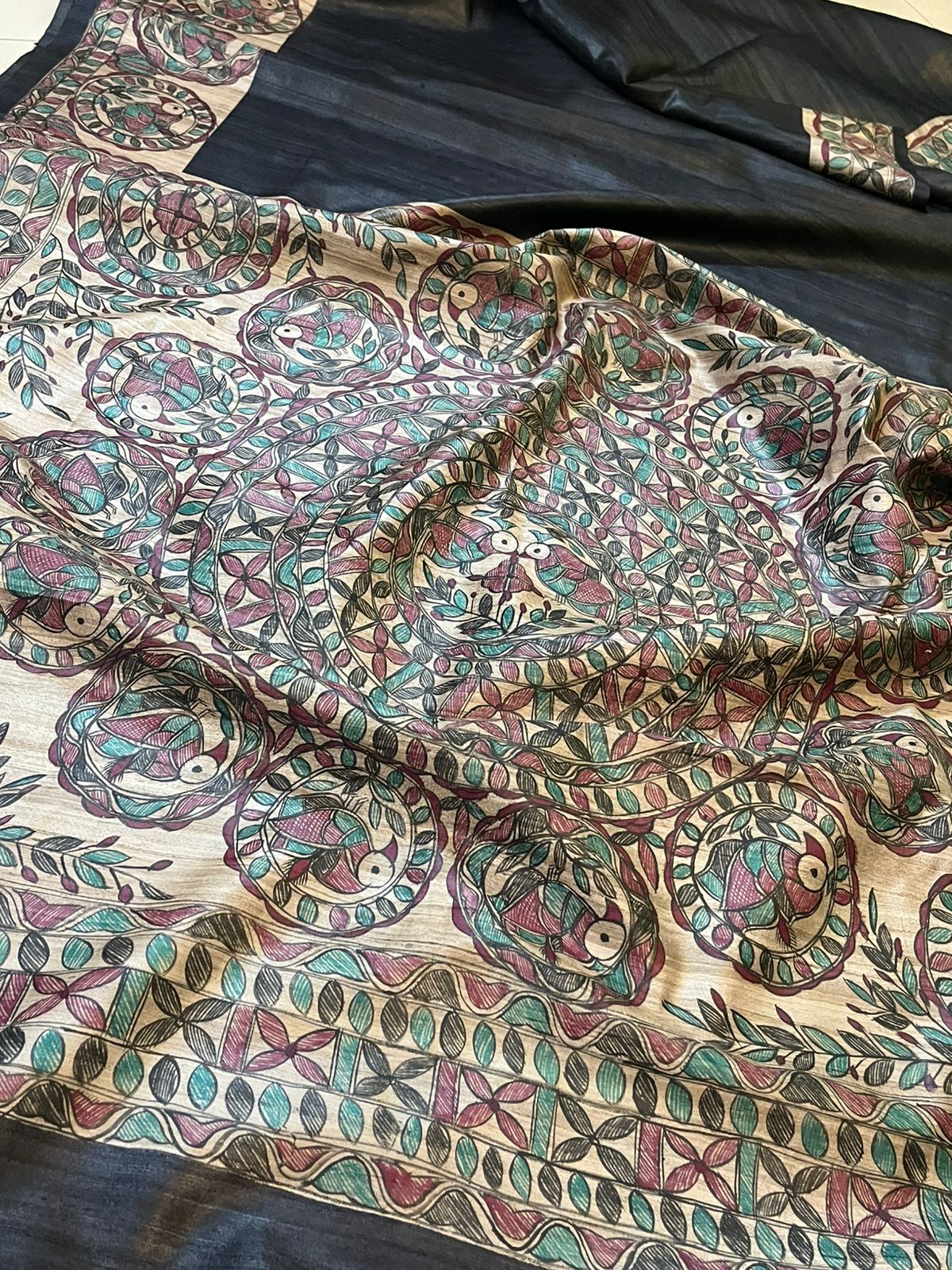 Pure Tussar Silk Handwoven Saree with Madhubani Handpainting- Black