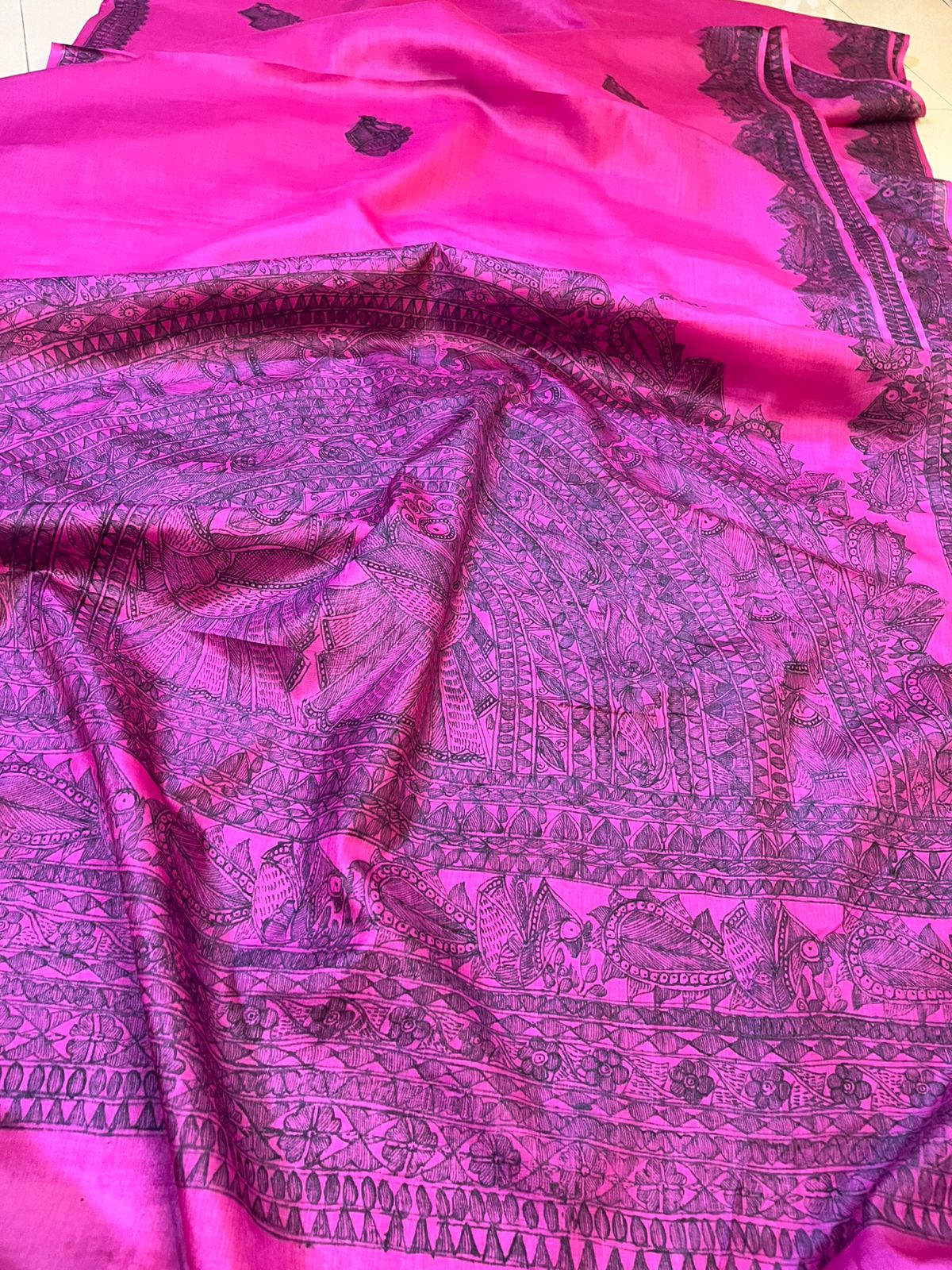 Pure Tussar Silk Handwoven Saree with Madhubani Handpainting- Pink