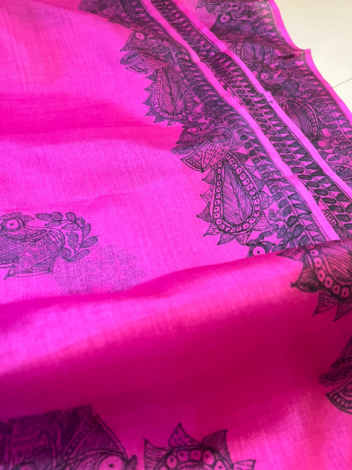 Pure Tussar Silk Handwoven Saree with Madhubani Handpainting- Pink