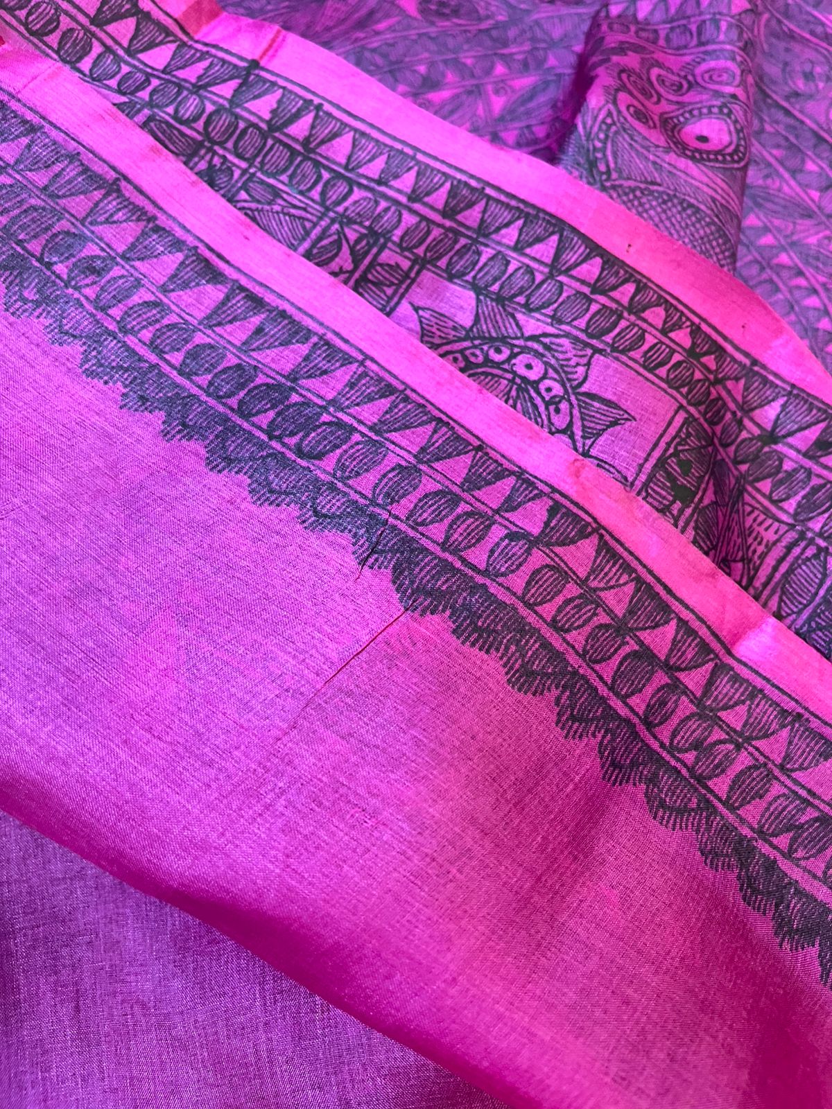 Pure Tussar Silk Handwoven Saree with Madhubani Handpainting- Pink