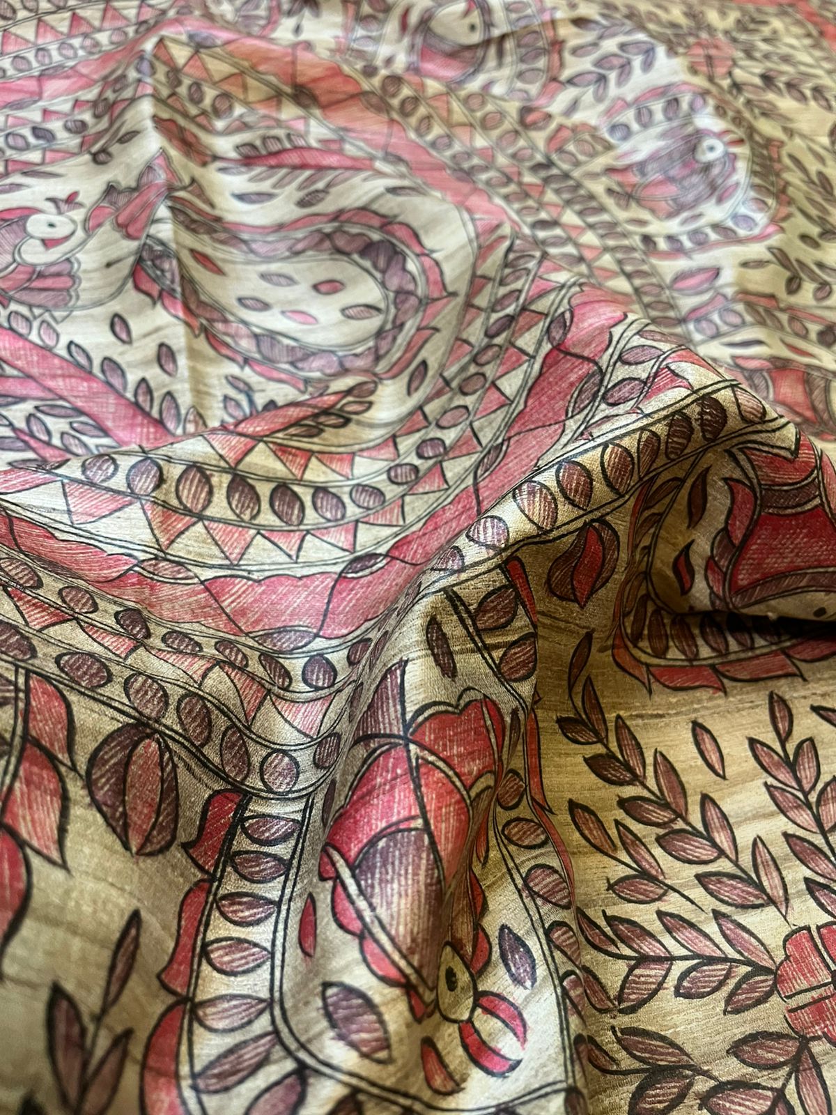 Pure Tussar Silk Handwoven saree with Madhubani Handpainting - Beige with Red