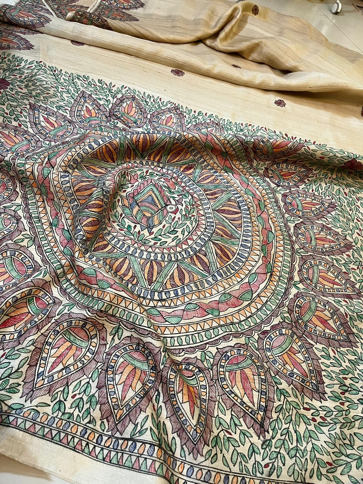 Pure Tussar Silk Handwoven saree with Madhubani Handpainting - Natural Silk Beige Shade