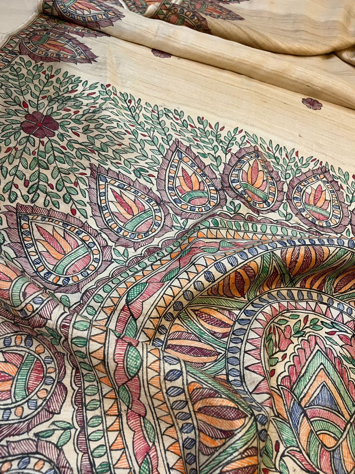 Pure Tussar Silk Handwoven saree with Madhubani Handpainting - Natural Silk Beige Shade