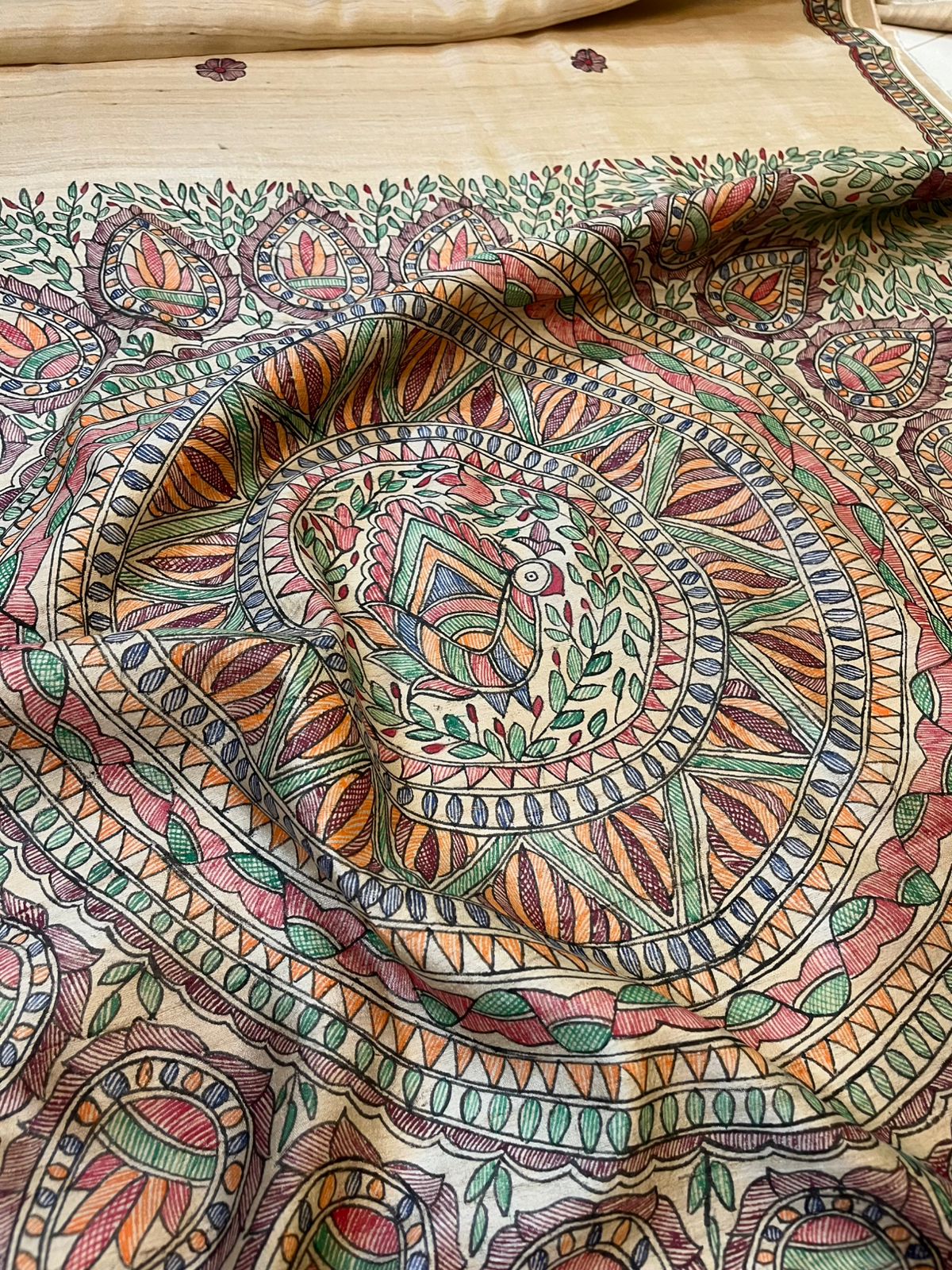 Pure Tussar Silk Handwoven saree with Madhubani Handpainting - Natural Silk Beige Shade