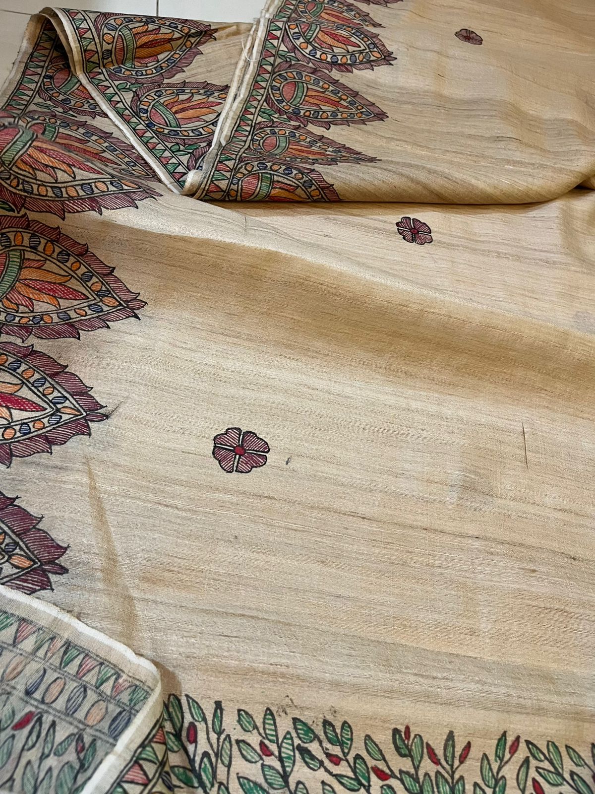 Pure Tussar Silk Handwoven saree with Madhubani Handpainting - Natural Silk Beige Shade