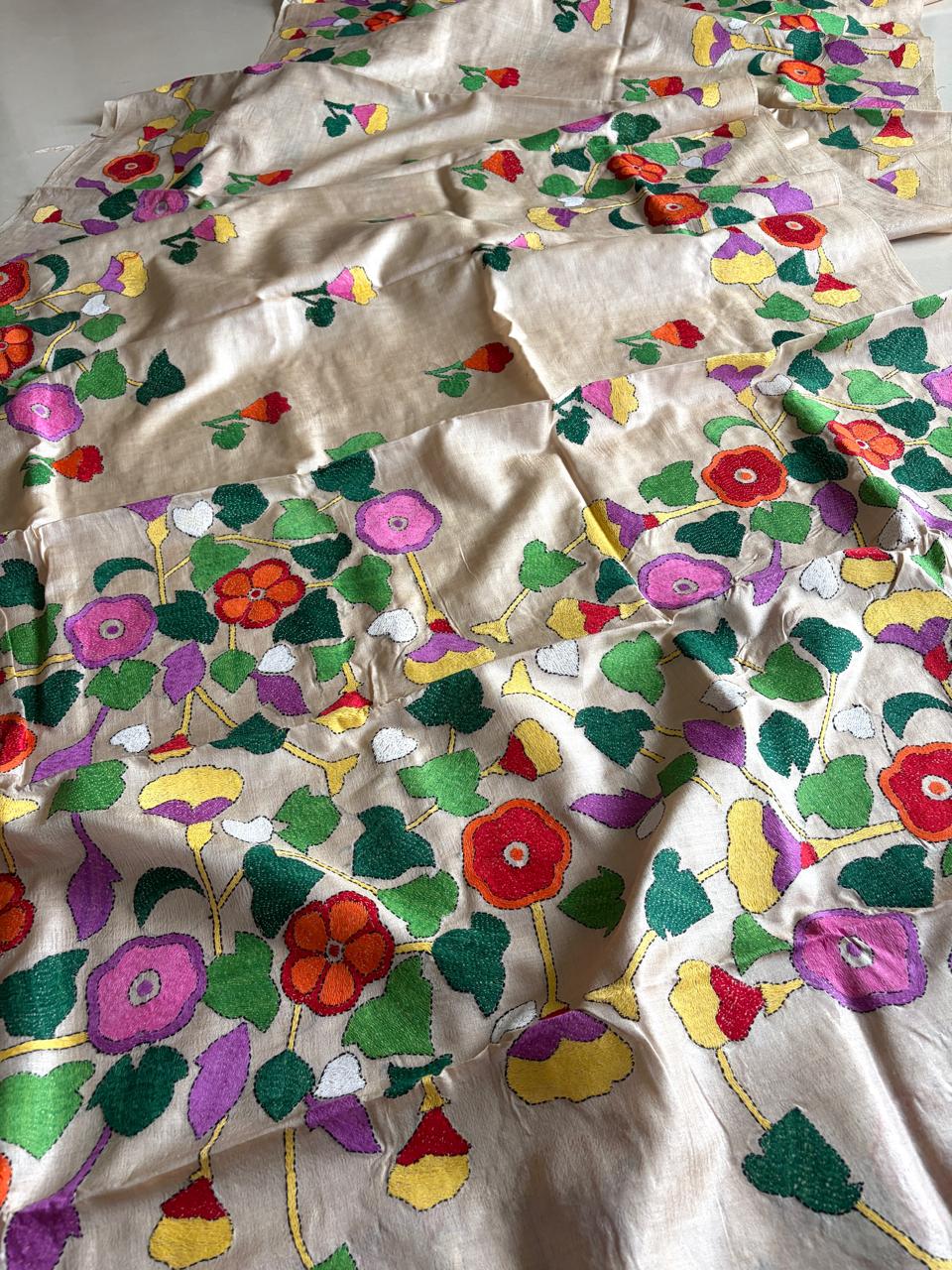Pure Tussar Silk Kantha Hand Embroidered Saree - Beige Floral