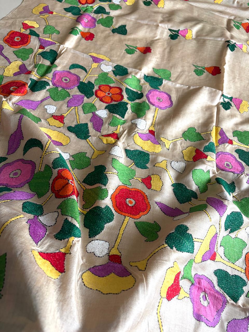 Pure Tussar Silk Kantha Hand Embroidered Saree - Beige Floral