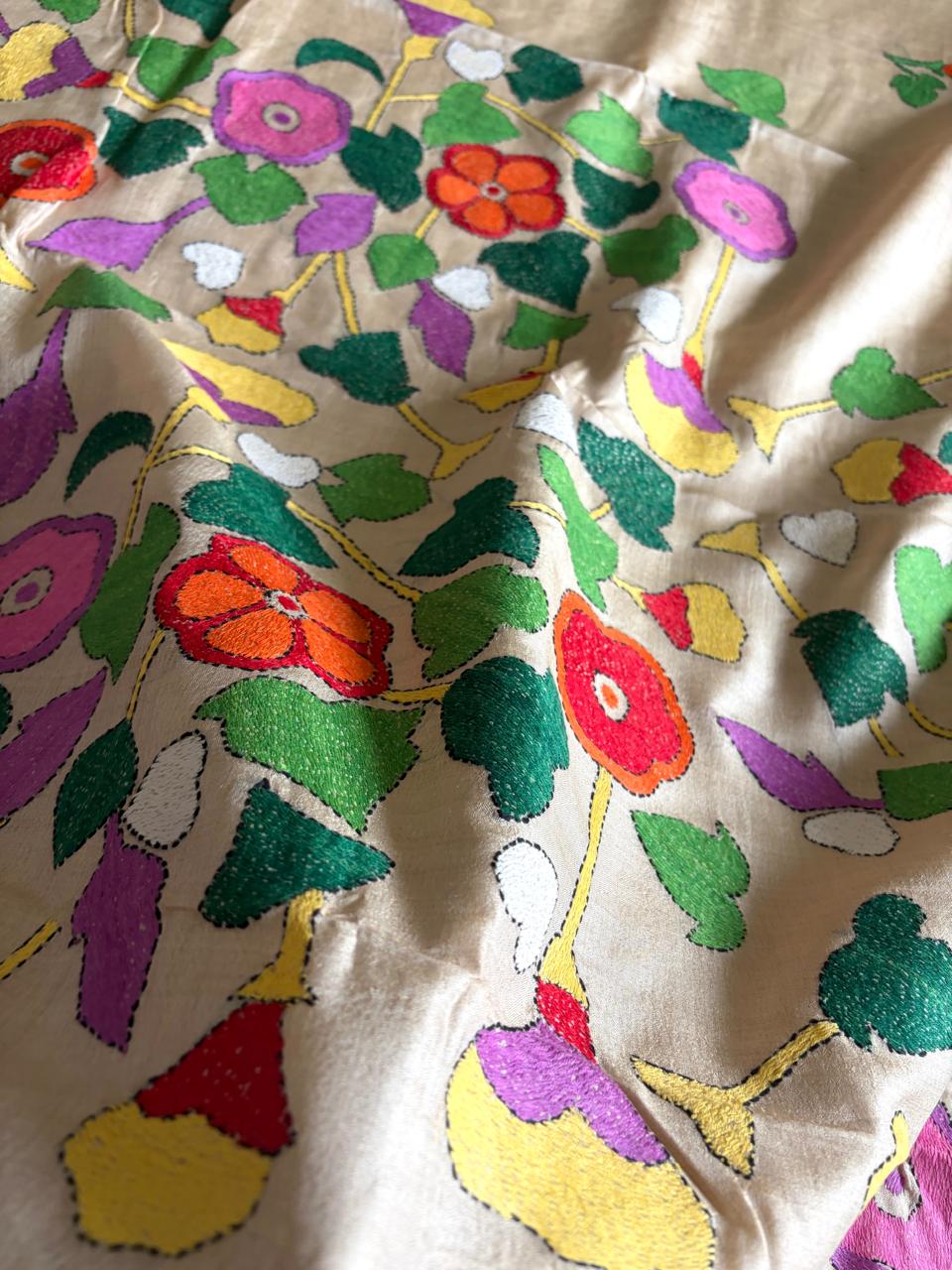 Pure Tussar Silk Kantha Hand Embroidered Saree - Beige Floral