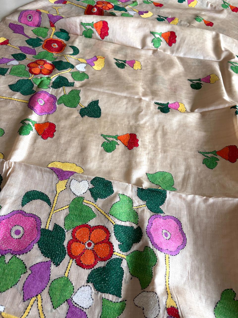 Pure Tussar Silk Kantha Hand Embroidered Saree - Beige Floral