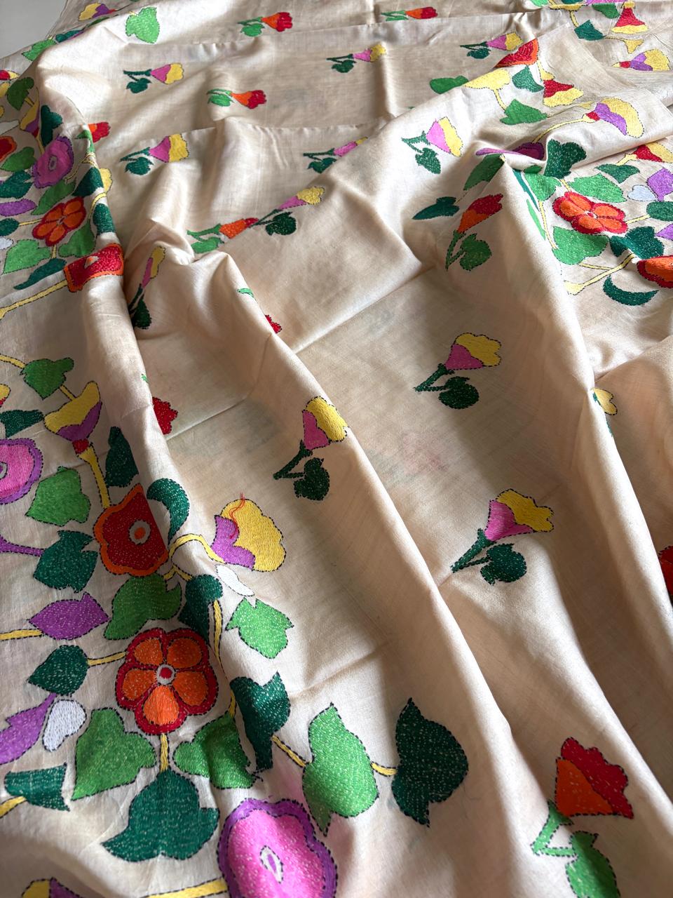 Pure Tussar Silk Kantha Hand Embroidered Saree - Beige Floral