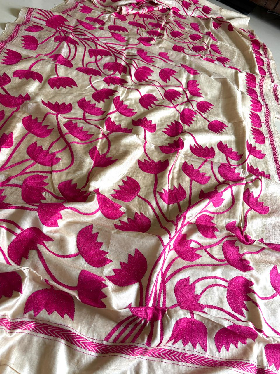 Gulabi Kamal Pure Tussar Silk Saree with Hand Kantha Lotus Embroidery