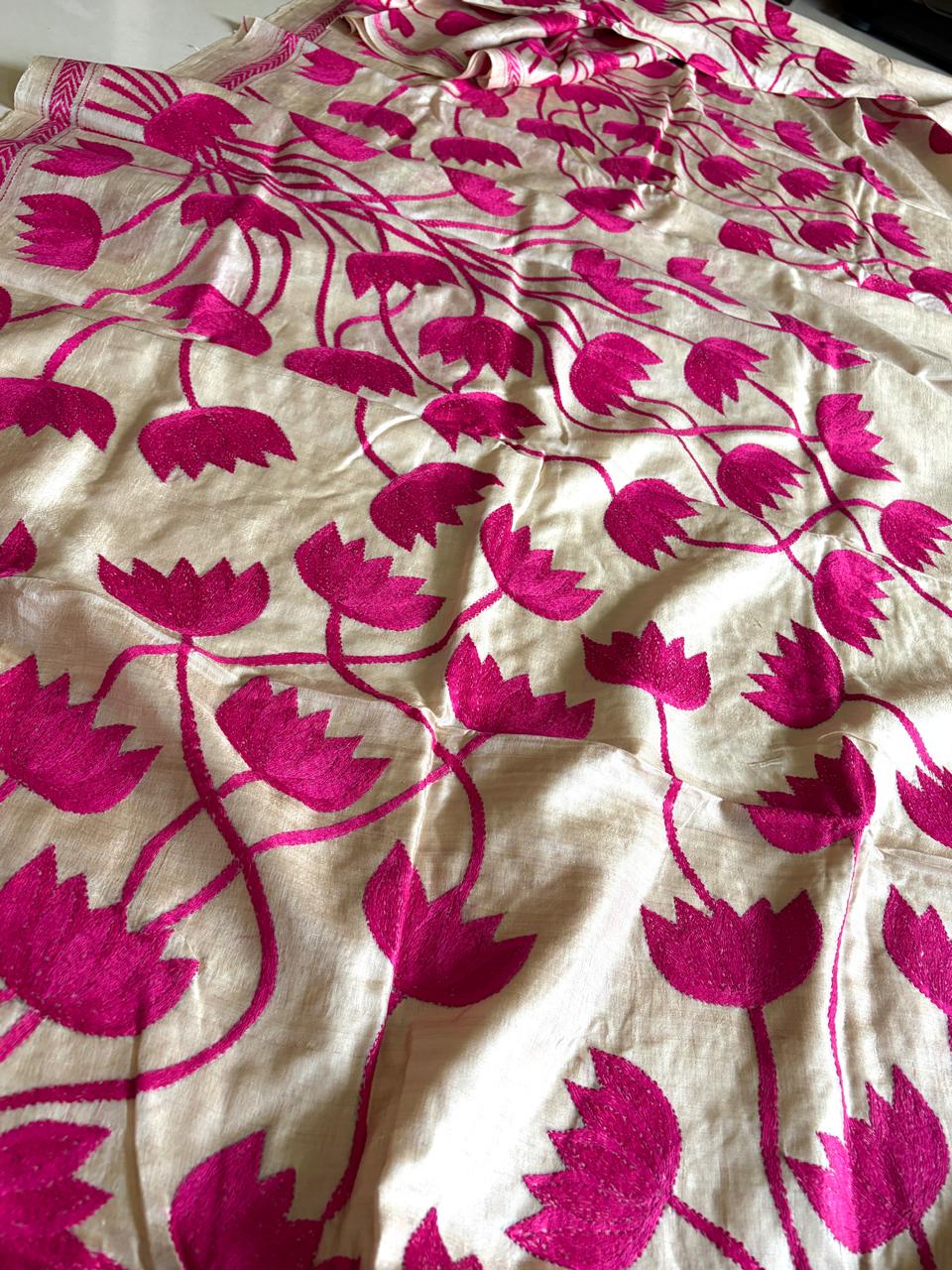 Gulabi Kamal Pure Tussar Silk Saree with Hand Kantha Lotus Embroidery