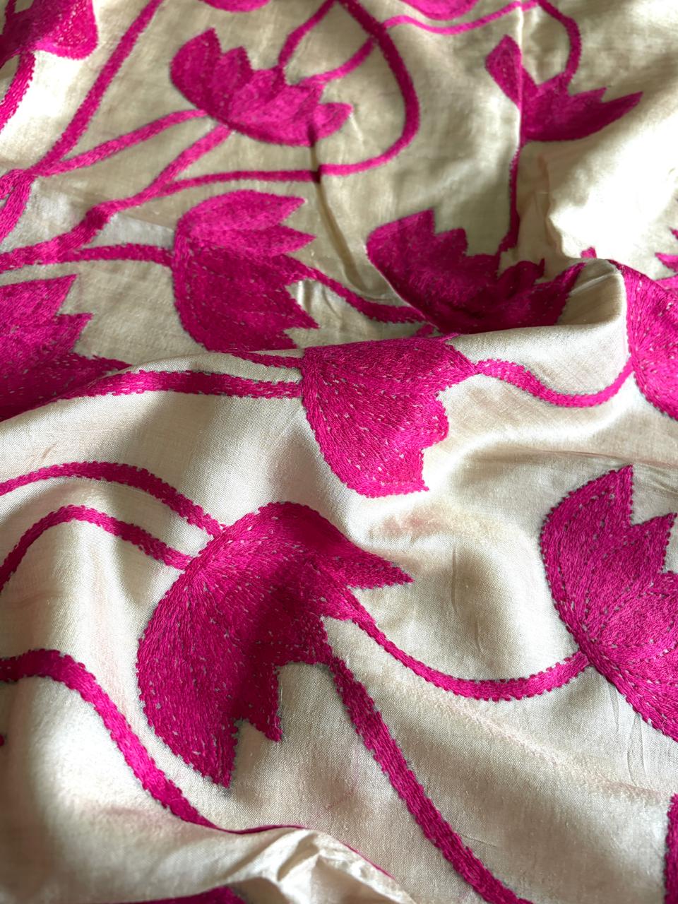 Gulabi Kamal  Pure Tussar Silk Saree with Hand Kantha Lotus Embroidery