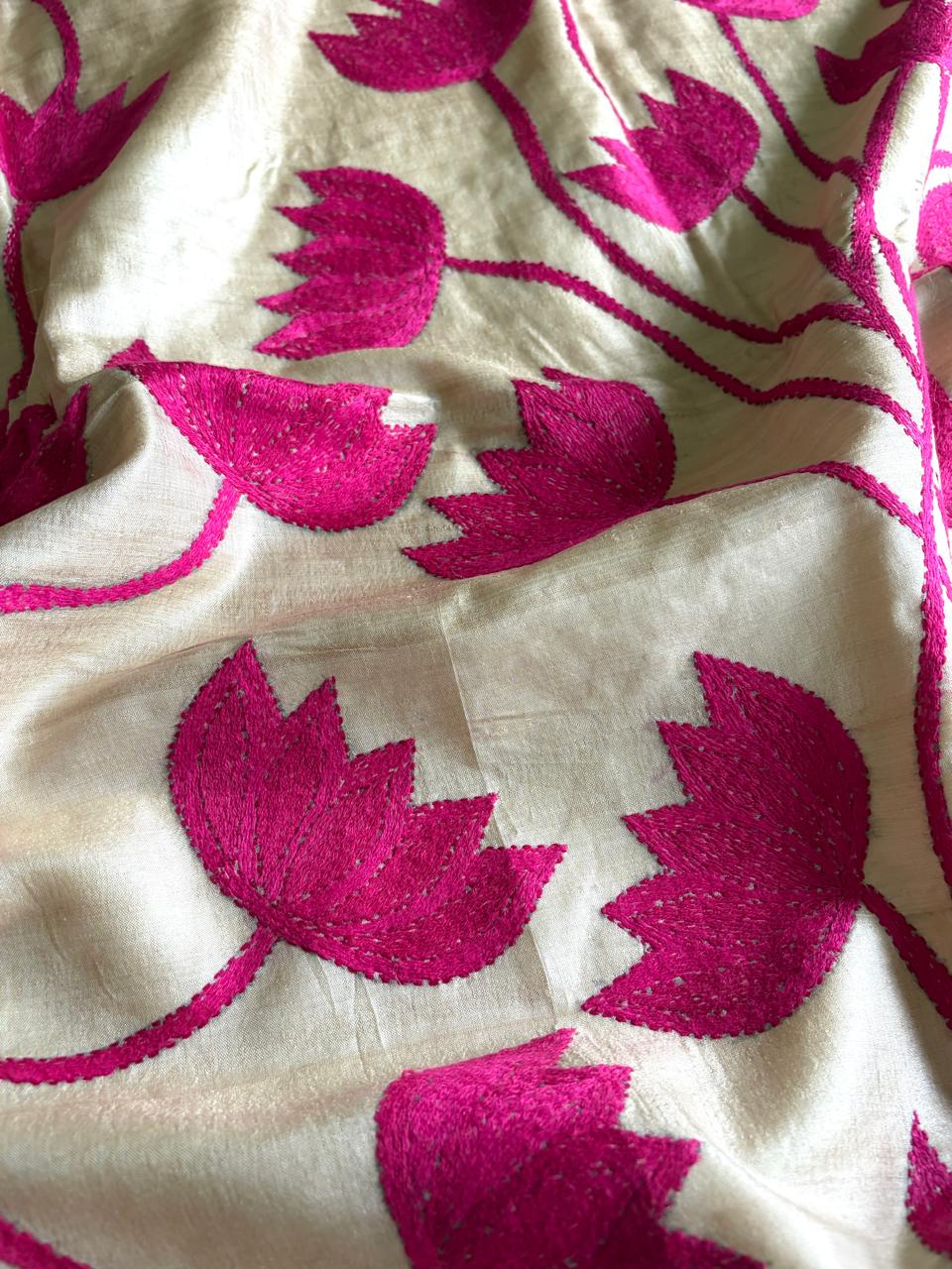 Gulabi Kamal Pure Tussar Silk Saree with Hand Kantha Lotus Embroidery