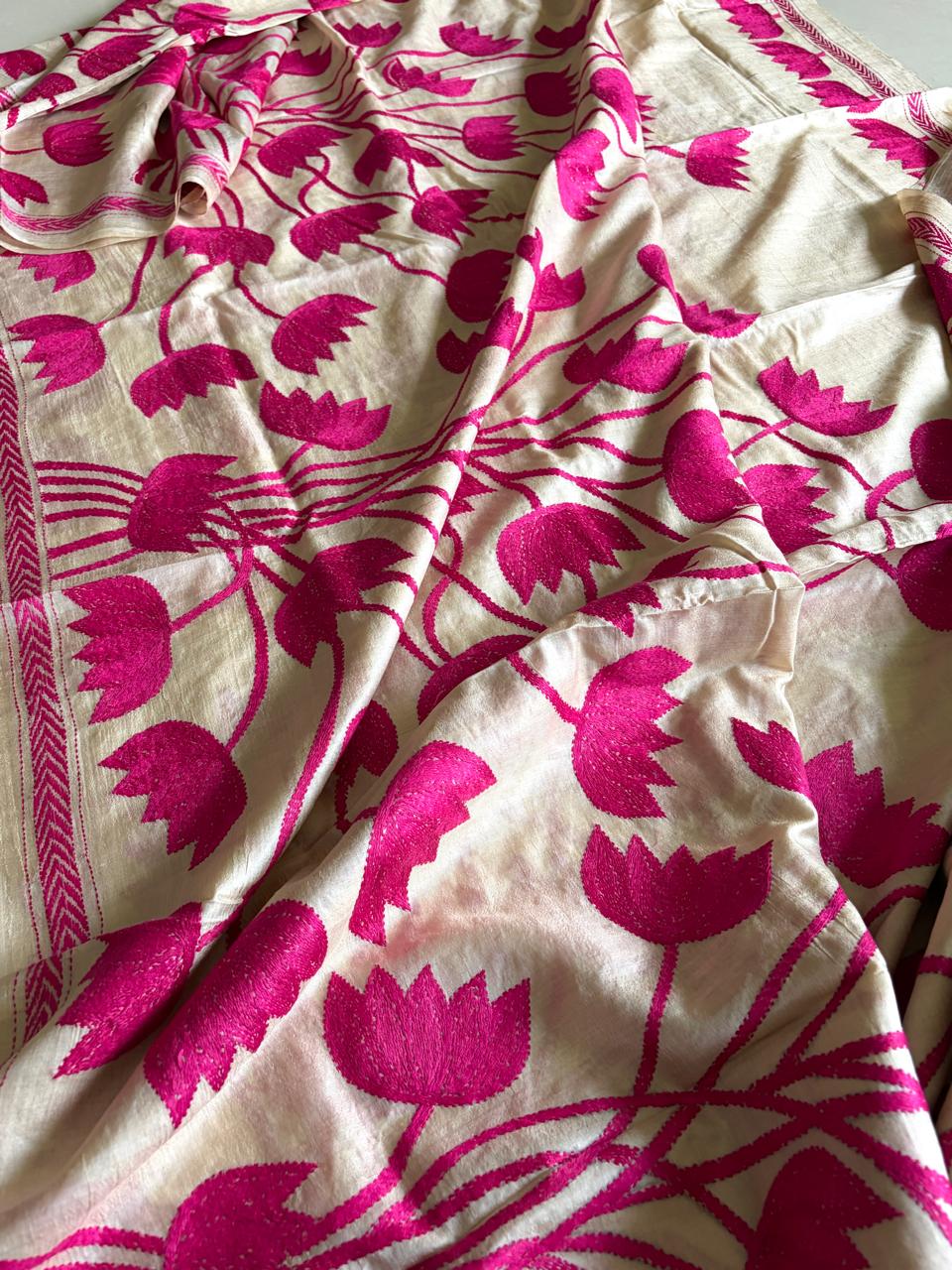 Gulabi Kamal  Pure Tussar Silk Saree with Hand Kantha Lotus Embroidery
