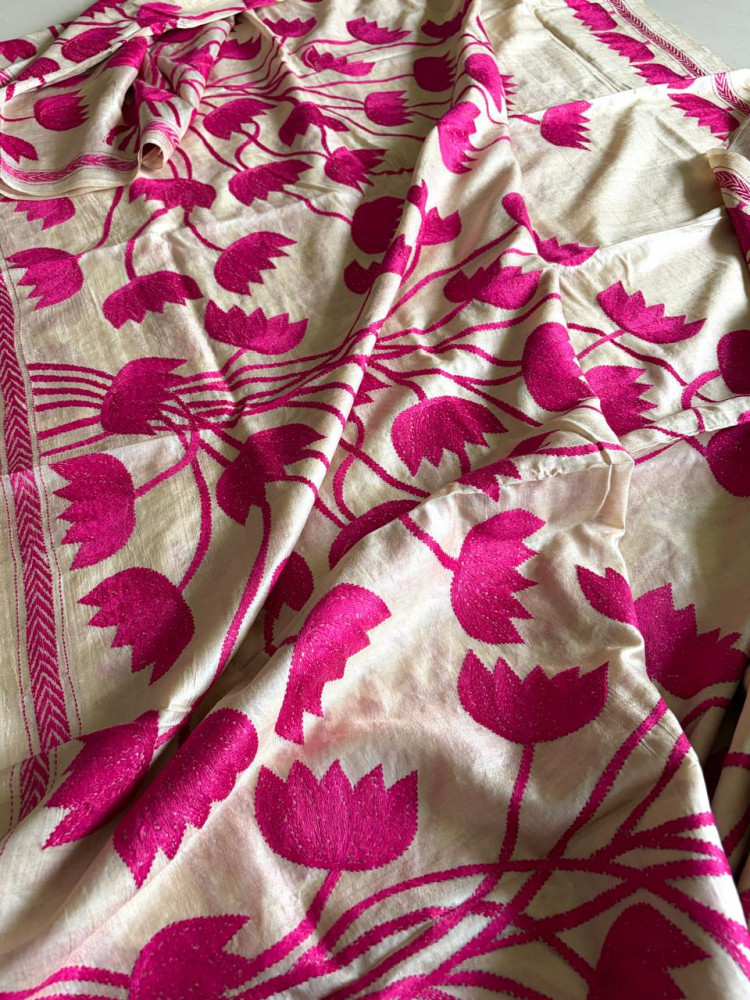 Image of Gulabi Kamal – Pure Tussar Silk Saree with Hand Kantha Lotus Embroidery