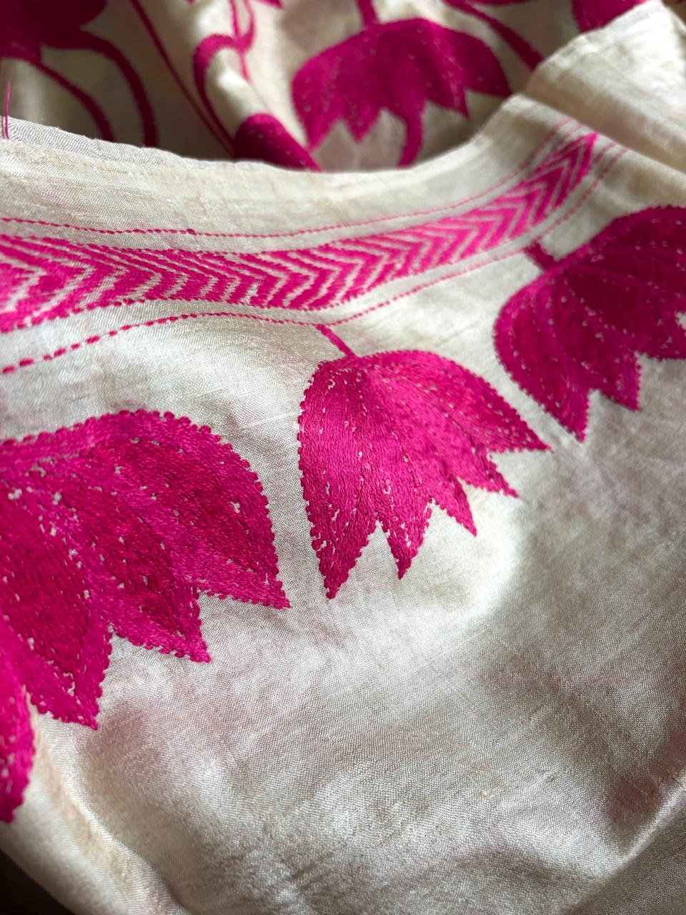 Gulabi Kamal Pure Tussar Silk Saree with Hand Kantha Lotus Embroidery