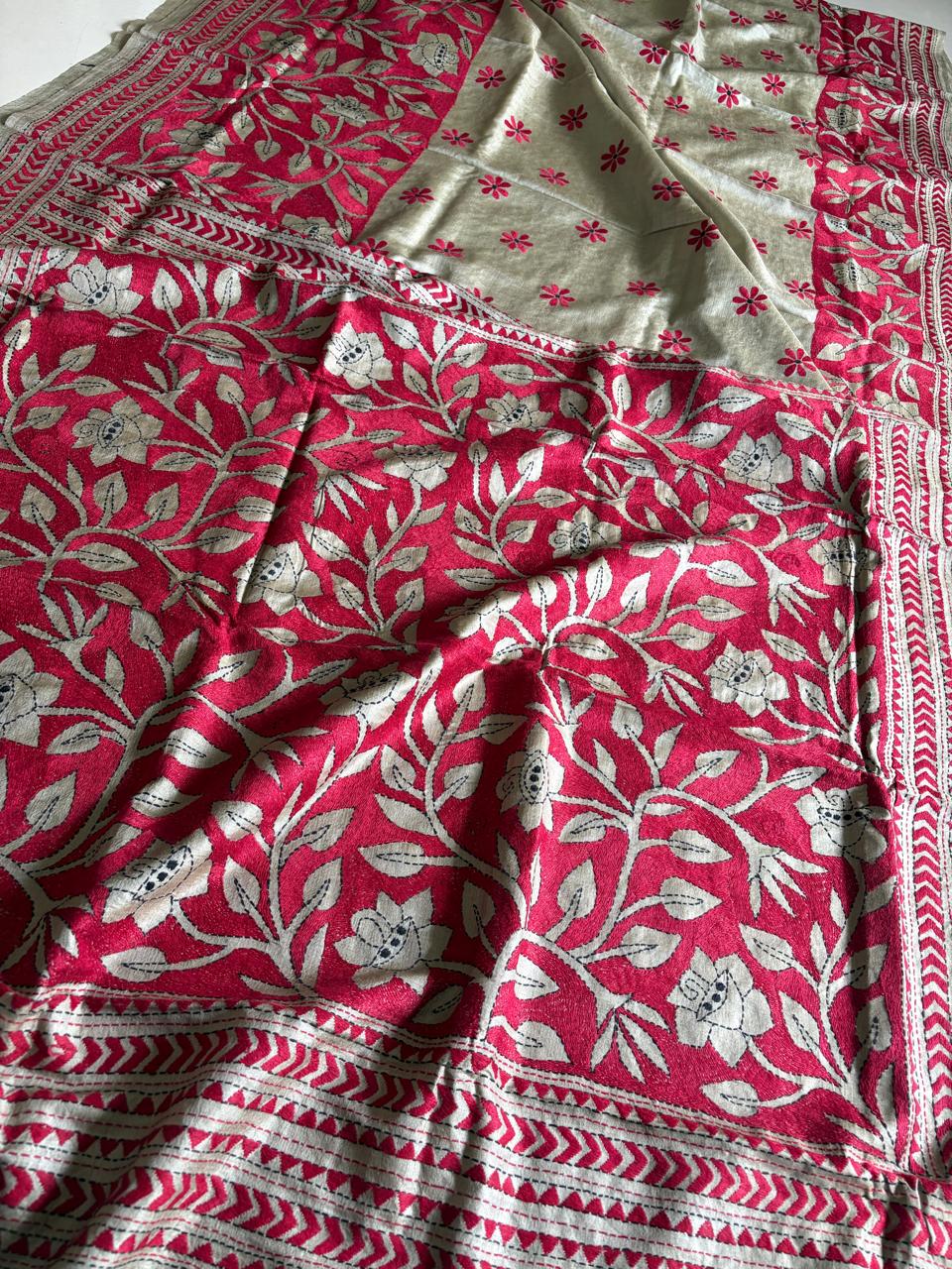 Silver Beige Tussar Silk Saree with Hand Reverse Kantha Embroidery