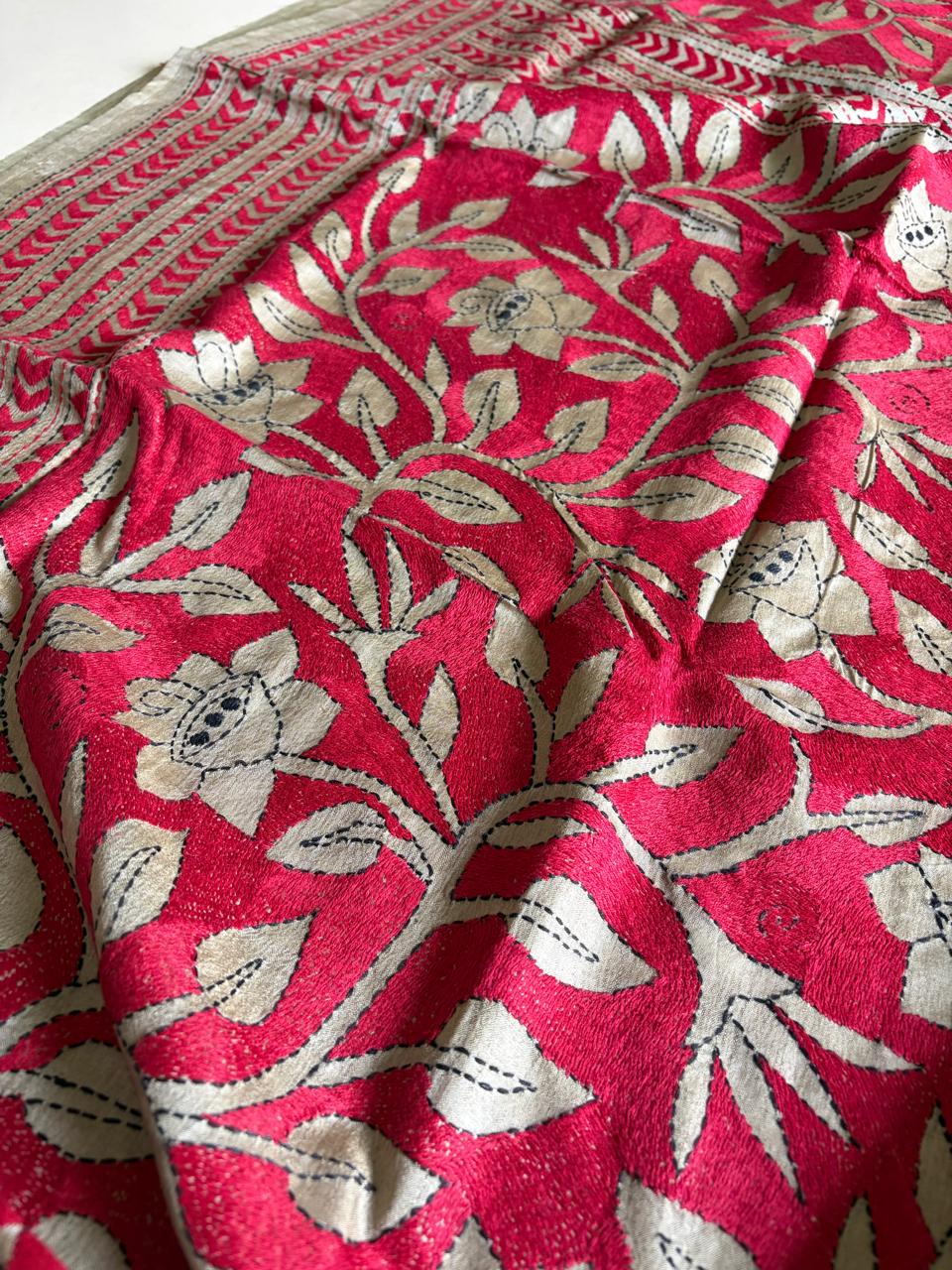 Silver Beige Tussar Silk Saree with Hand Reverse Kantha Embroidery