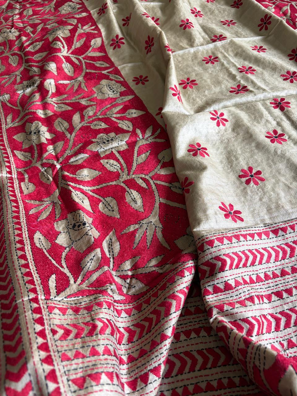 Silver Beige Tussar Silk Saree with Hand Reverse Kantha Embroidery