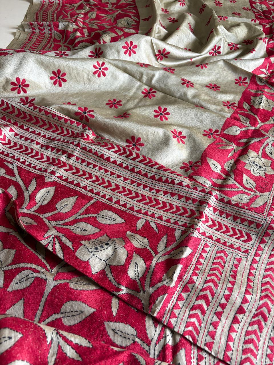 Silver Beige Tussar Silk Saree with Hand Reverse Kantha Embroidery
