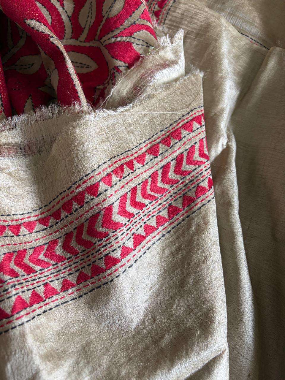 Silver Beige Tussar Silk Saree with Hand Reverse Kantha Embroidery