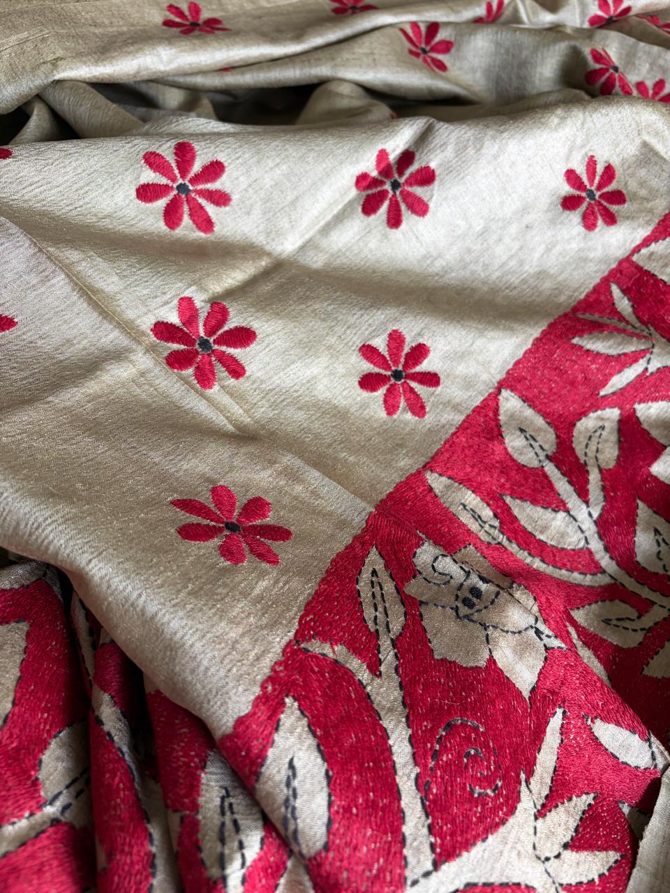Silver Beige Tussar Silk Saree with Hand Reverse Kantha Embroidery