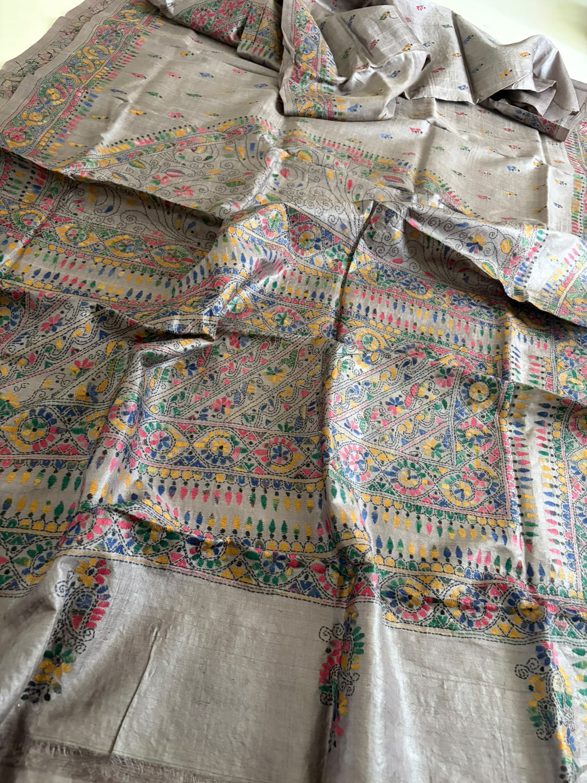 Pure Tussar Silk Kantha Hand Embroidered Saree - Deep Beige with Multicolour